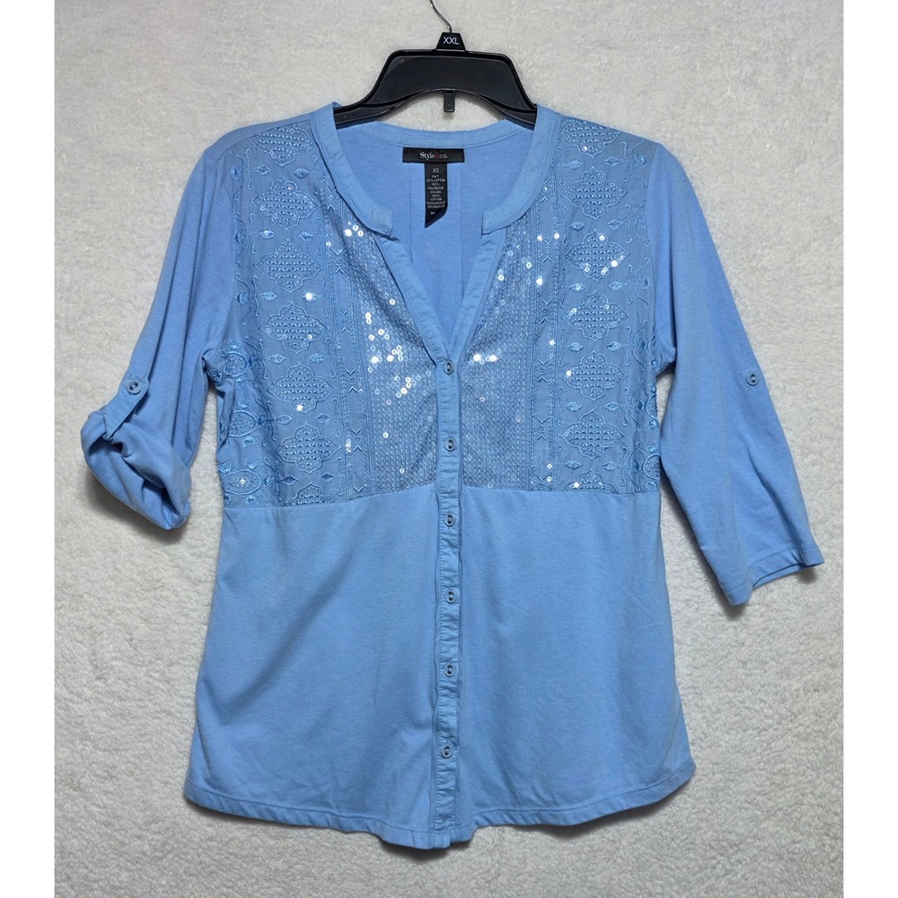 Style & Co Women's Light Blue Sequin Embroidered Button Front 3/4 Sleeve Top XS